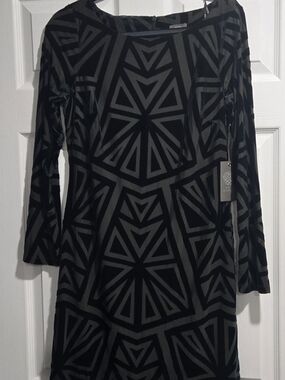 Vince Camuto Blue and Gray Geometric Long Sleeve Dress